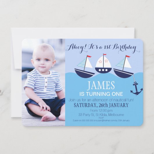 Jongen's Drie Boats Nautical 1st Birthday Party Kaart (Voorkant)