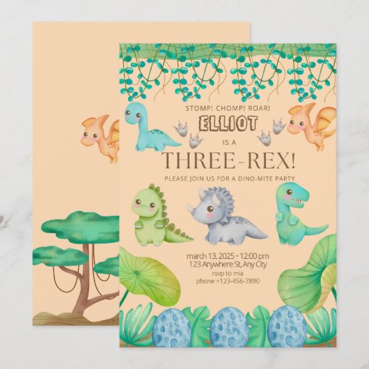 Jongens Drie Rex Derde Verjaardag Uitnodigen Kaart (Voorkant / Achterkant)