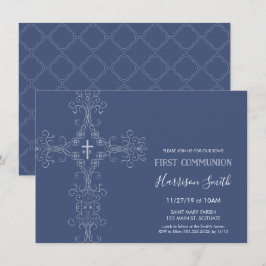 Jongens Eerste Communie Uitnodiging - Kruis, Monog
