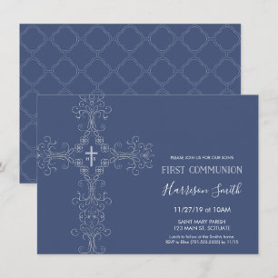 Jongens Eerste Communie Uitnodiging - Kruis, Monog