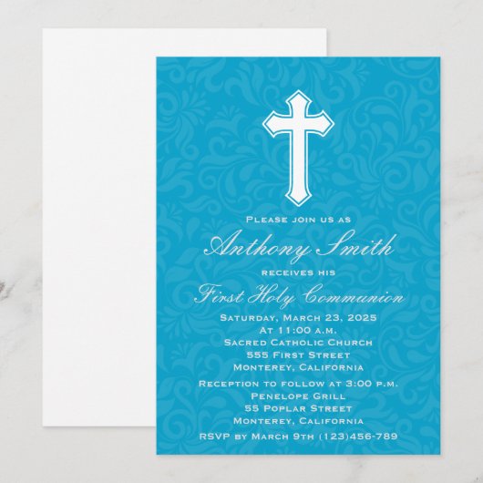 Jongen's eerste communie uitnodiging met kruis (Voorkant / Achterkant)