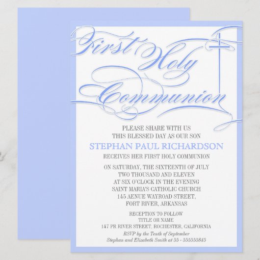 Jongen's eerste communiqué-uitnodiging blauw kaart (Voorkant / Achterkant)