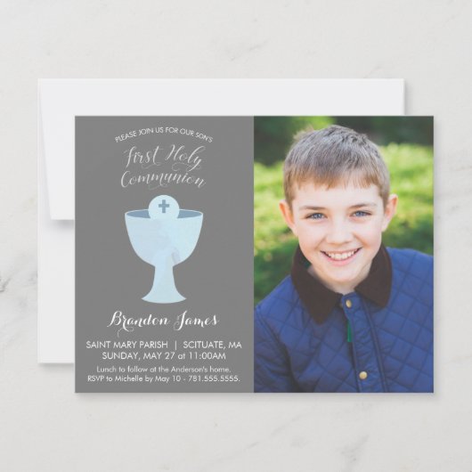 Jongens eerste Heilige Communie Uitnodiging met fo (Voorkant)