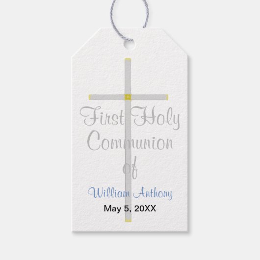 Jongen's Eerste Heilige Communie Zilveren Kruis Bl Cadeaulabel (Voorkant)