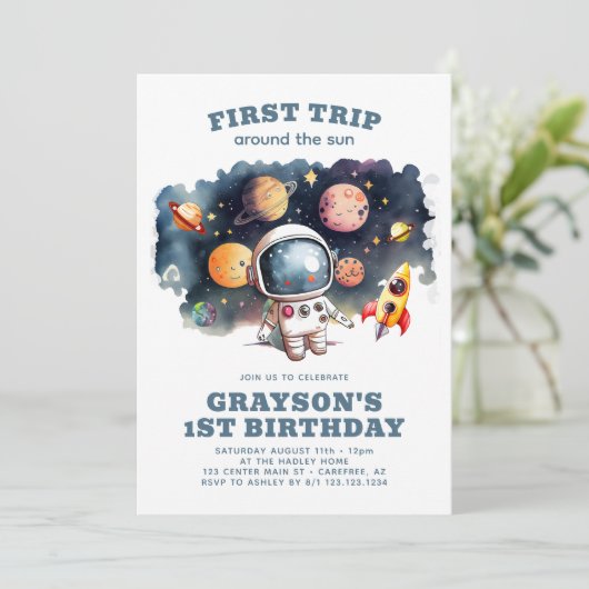 Jongens eerste reis Astronaut digitale verjaardag Kaart (Staand voorkant)