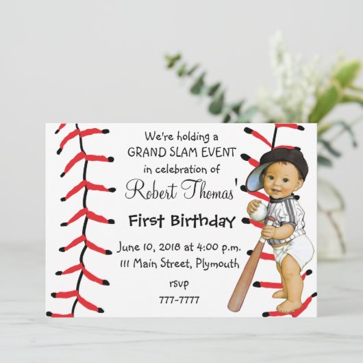 Jongen's eerste verjaardag Uitnodiging Baseball (Staand voorkant)