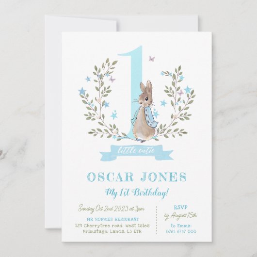 Jongens eerste verjaardag uitnodiging, Peter konij Kaart (Voorkant)