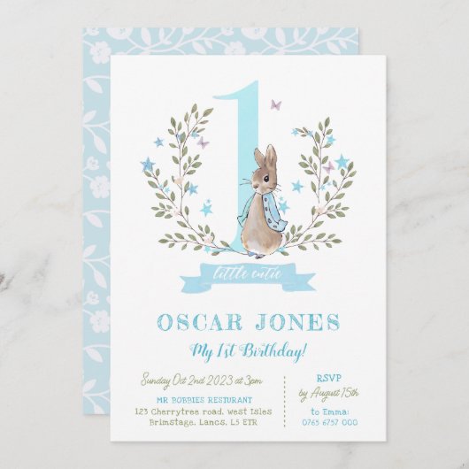 Jongens eerste verjaardag uitnodiging, Peter konij Kaart (Voorkant / Achterkant)