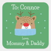 Jongens Feestelijke Rode & Groene Rendieren Aangep Vierkante Sticker (Voorkant)