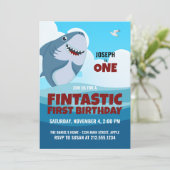 Jongen's Fintastic Eerste Verjaardag Haai Uitnodig Kaart (Staand voorkant)
