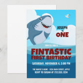 Jongen's Fintastic Eerste Verjaardag Haai Uitnodig Kaart (Voorkant / Achterkant)