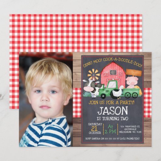 Jongens Foto Boerderij Green Tractor Chalkboard Bi Kaart (Voorkant / Achterkant)