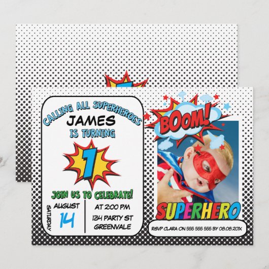 Jongens Foto Superheld 1e verjaardag Uitnodiging (Voorkant / Achterkant)