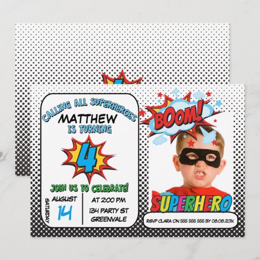 Jongens Foto Superheld 4e verjaardag Uitnodiging (Voorkant / Achterkant)
