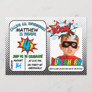 Jongens Foto Superheld 4e verjaardag Uitnodiging