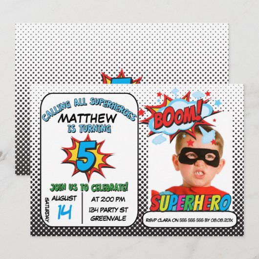 Jongens Foto Superheld 5e verjaardag Uitnodiging (Voorkant / Achterkant)