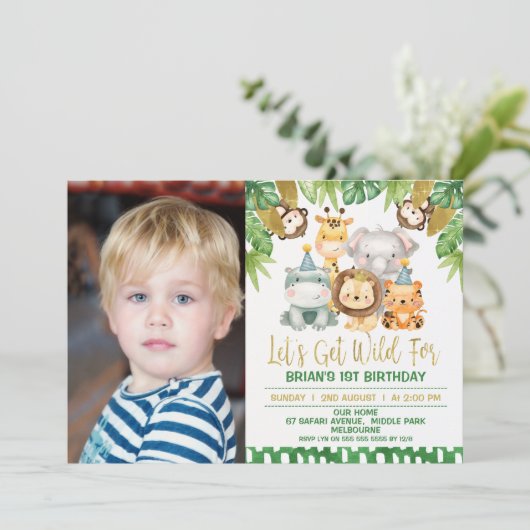 Jongens Foto Wild One Safari 1e verjaardag Uitnodi Kaart (Staand voorkant)