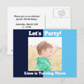 Jongens Foto's Birthday Party Blue Color Block Uitnodiging Briefkaart (Voorkant / Achterkant)