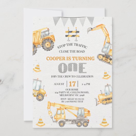 Jongens Geel Bunting Bouw 1e verjaardag Kaart (Voorkant)