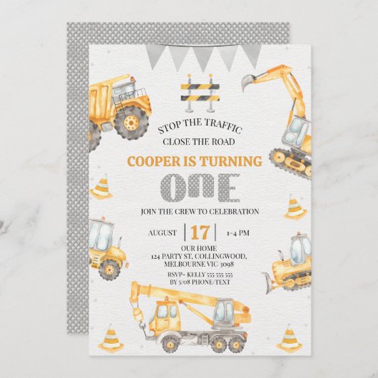 Jongens Geel Bunting Bouw 1e verjaardag Kaart (Voorkant / Achterkant)