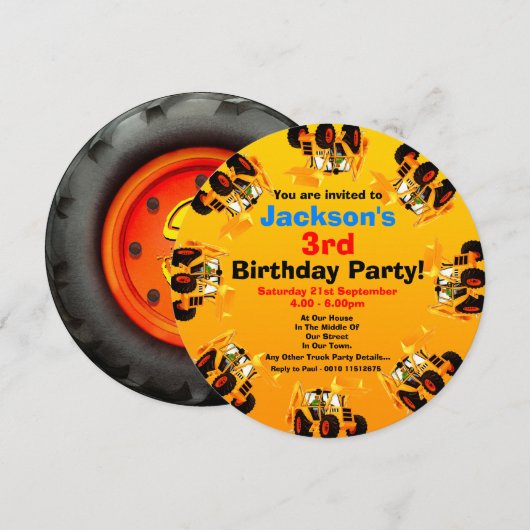 Jongens Geel Graafmachine 3e Verjaardags Bouw Fees Kaart (Voorkant / Achterkant)