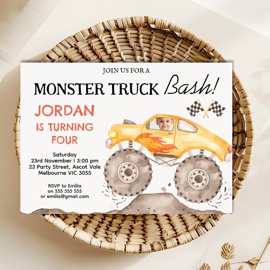 Jongens Geel Monster Truck Monster Bash Verjaardag Kaart