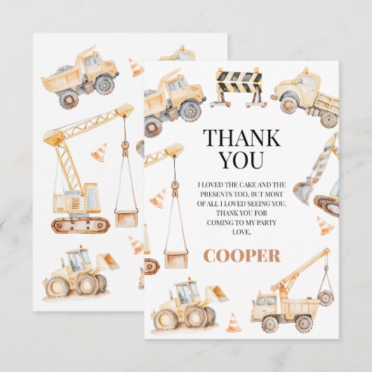 Jongens Gele Waterverf Bouw Verjaardag Bedankkaart (Voorkant / Achterkant)