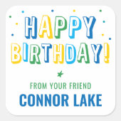 Jongens Gepersonaliseerde Confetti Happy Birthday Vierkante Sticker (Voorkant)