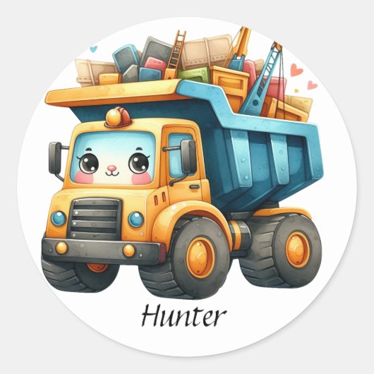 Jongens Gepersonaliseerde naam Dump Truck Ronde Sticker (Voorkant)