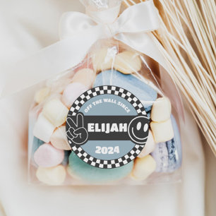 Jongens geruit Skateboard Groovy Hippie Verjaardag Ronde Sticker