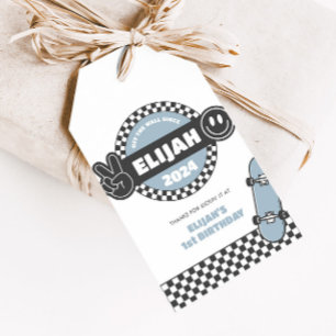 Jongens geruit skateboard Groovy Road Verjaardag Cadeaulabel