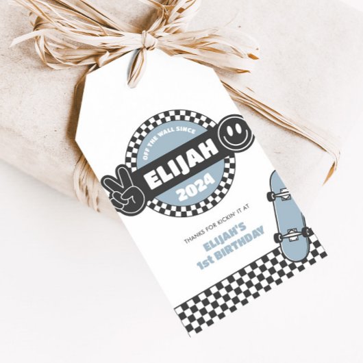 Jongens geruit skateboard Groovy Road Verjaardag Cadeaulabel