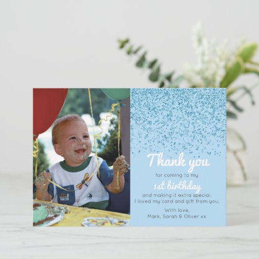 Jongens glitter verjaardag dank je creditcard bedankkaart (Staand voorkant)