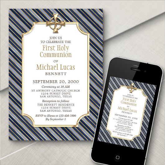 Jongens' Gold Navy Stripes Eerste Communie Kaart