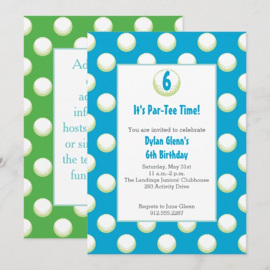 Jongens Golf Ball Party Invite- Lime Green en Blue Kaart (Voorkant / Achterkant)