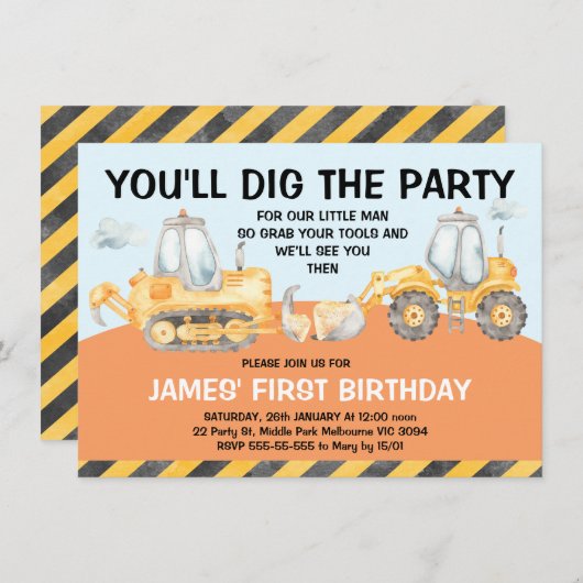 Jongens Graafmachine Eerste Verjaardagsfeestuitnod Kaart (Voorkant / Achterkant)