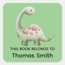 Jongens Groen "Dit Boek Behoort" Dinosaur en Naam Vierkante Sticker
