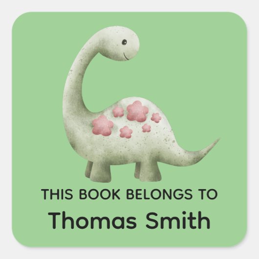 Jongens Groen "Dit Boek Behoort" Dinosaur en Naam Vierkante Sticker (Voorkant)