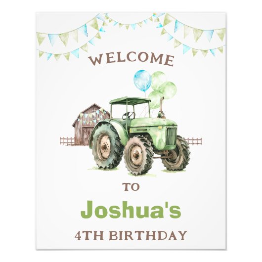 Jongens Groene Ballonnen Tractor Verjaardag Welkom Foto Afdruk (Voorkant)