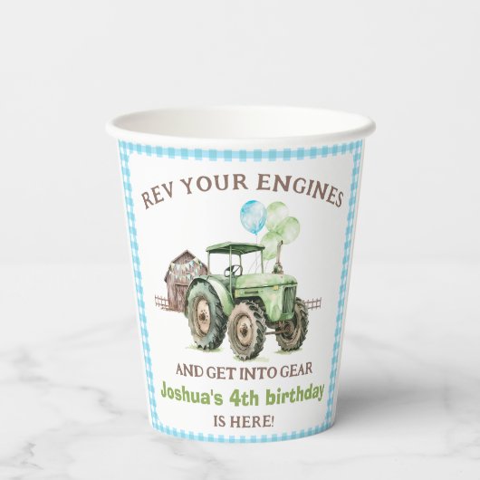 Jongens Groene Blauwe Ballonnen Tractor Verjaardag Papieren Bekers (Achterkant)