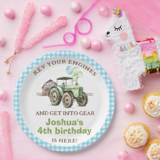 Jongens Groene Blauwe Ballonnen Tractor Verjaardag Papieren Bordje (Feest)