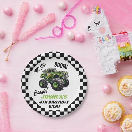 Jongens Groene Monster Truck Verjaardag Papieren Bordje (Feest)