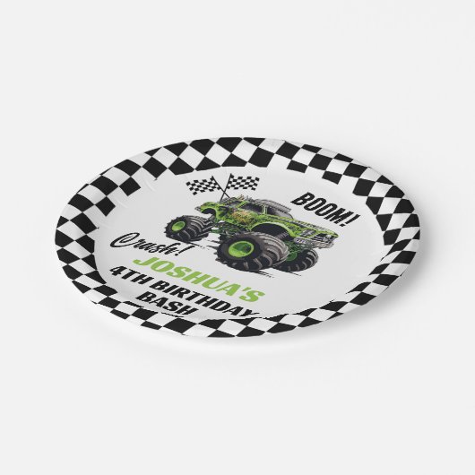 Jongens Groene Monster Truck Verjaardag Papieren Bordje (Gekanteld)
