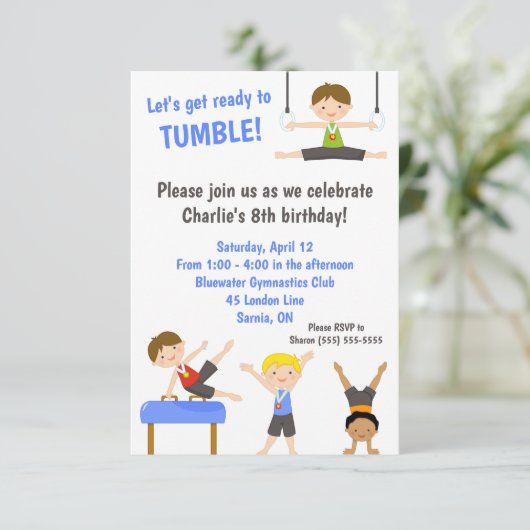 Jongens Gymnastiek Verjaardag Uitnodiging (Staand voorkant)