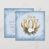 Jongens Herten Antler Baby shower Blauw en Goud Kaart (Voorkant / Achterkant)