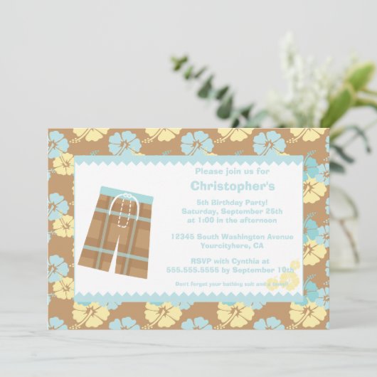 Jongens hibiscus-zwemfeest uitnodiging (Staand voorkant)