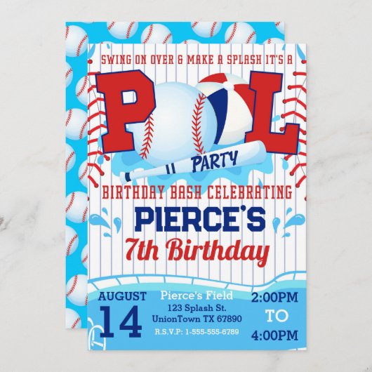 Jongens Honkbal Verjaardag Zwembad Party Uitnodigi Kaart (Voorkant / Achterkant)