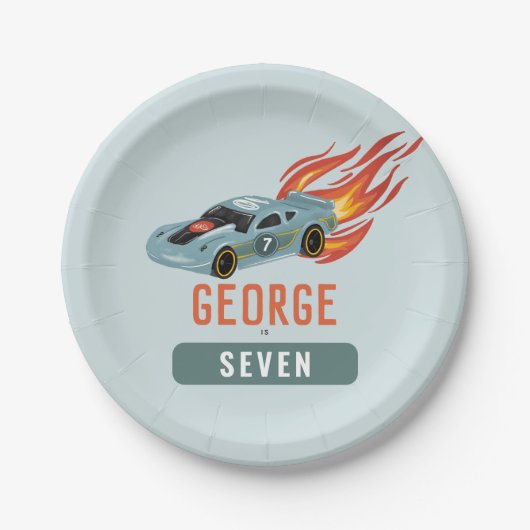 Jongens Hot Blue Racing Car Kids Verjaardag Papieren Bordje (Voorkant)