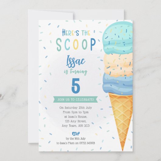 Jongens Ice Cream Cone Uitnodigen - Blauw Groen Sc Kaart (Voorkant)