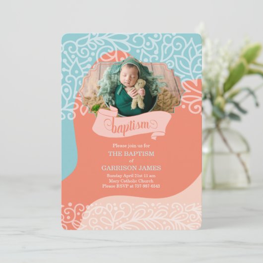 Jongens in Oranje en blauwe golven met foto-baptis Kaart (Staand voorkant)